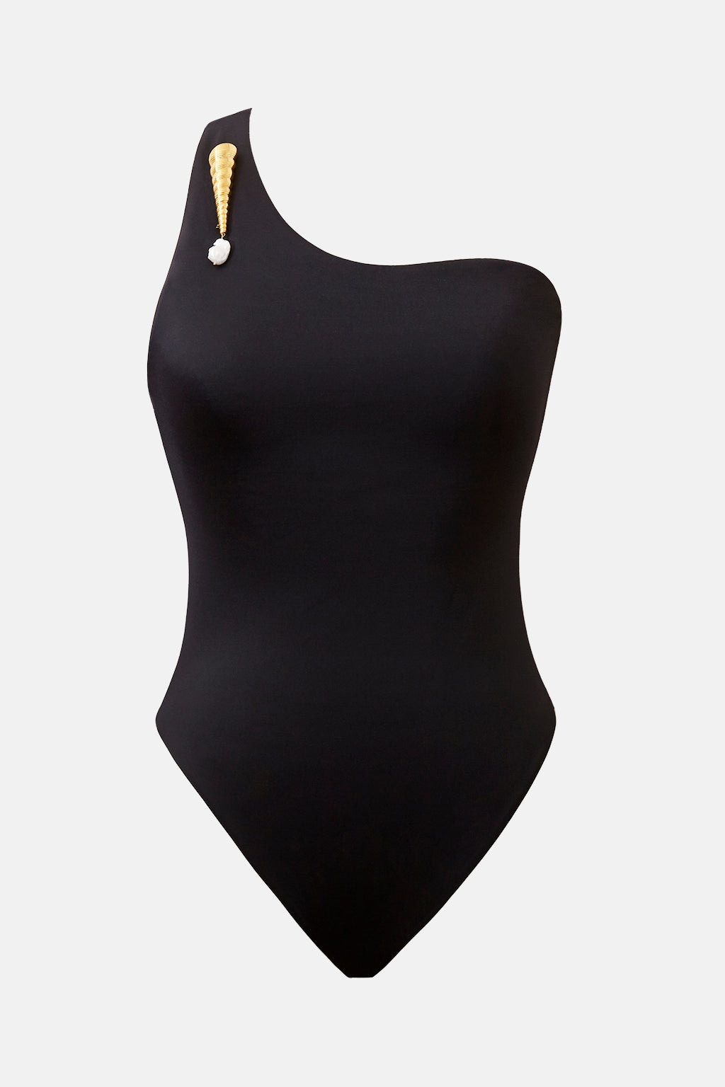 THE TOBI MAILLOT BLACK ONE PIECE SWIMSUIT ONE SHOULDER BATHING SUIT WITH GOLD PEARL BROOCH SUSTAINABLE BATHING SUIT LUXURY DESIGNER SWIMWEAR