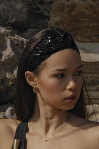 THE HEADBAND BLACK HAIR ACCESSORY WITH HAND EMBROIDERED 100% RECYCLED SEQUINS LUXURY SWIMWEAR