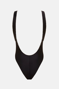THE MEL MAILLOT BLACK ONE PIECE SWIMSUIT WITH PEARLS SUSTAINABLE BATHING SUIT LUXURY DESIGNER SWIMWEAR