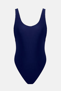 THE MEL MAILLOT SAPPHIRE BLUE ONE PIECE SWIMSUIT WITH PEARLS SUSTAINABLE BATHING SUIT LUXURY DESIGNER SWIMWEAR