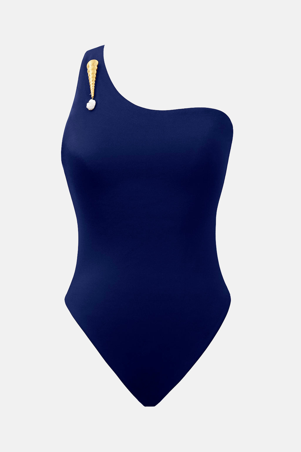 THE TOBI MAILLOT SAPPHIRE BLUE ONE PIECE SWIMSUIT ONE SHOULDER BATHING SUIT WITH GOLD PEARL BROOCH SUSTAINABLE BATHING SUIT LUXURY DESIGNER SWIMWEAR